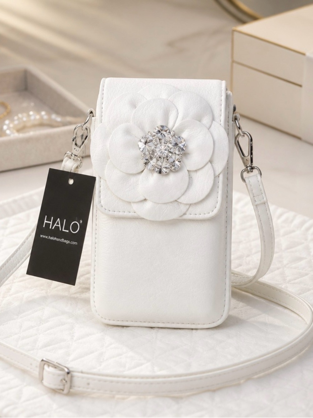 Elegant White Floral Mini Crossbody Phone Bag
